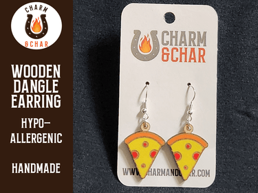 Pepperoni Pizza Wood Dangle Earrings - Food Fashion Earring - Dangle Earring - Charm and Char